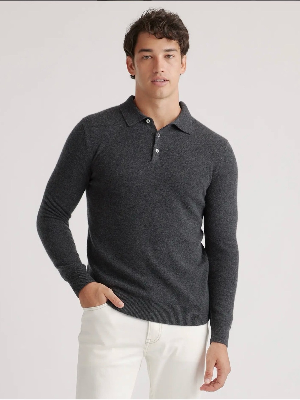 Men’s Quince Mongolian Cashmere Charcoal Gray Knit Polo Sweater Size XL